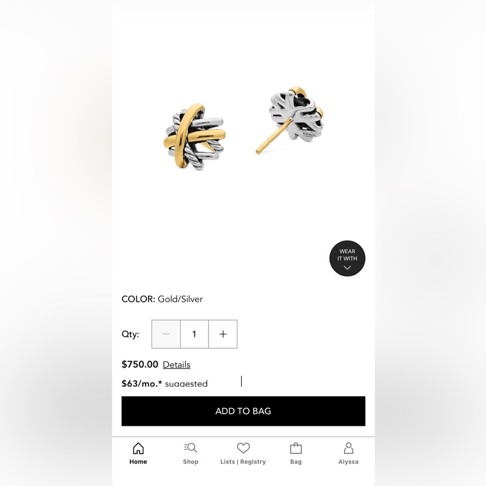 Crossover Stud Earrings in Sterling Silver with 18K Yellow Gold, 11mm
